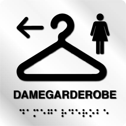 Taktile skilter - Damegarderobe med Pil Venstre - Hvit Alu Panel