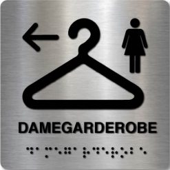 Taktile skilter - Damegarderobe med Pil Venstre - Børstet Alu Panel