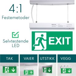 LED lysende nød- og rømningsskilt for tak, vegg eller utstikk - EXIT
