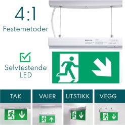 LED lysende nød- og rømningsskilt for tak, vegg eller utstikk - pil høyre ned