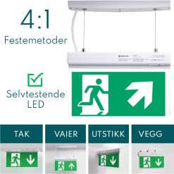 led lysende nød og rømningsskilt for tak, vegg eller utstikk pil høyre opp