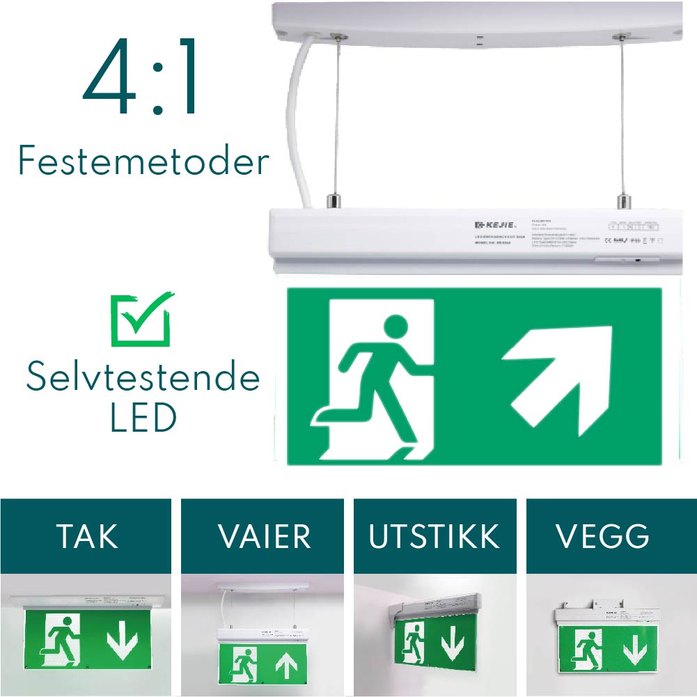 led lysende nød og rømningsskilt for tak, vegg eller utstikk pil høyre opp