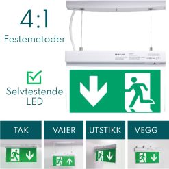 LED lysende nød- og rømningsskilt for tak, vegg eller utstikk - pil ned