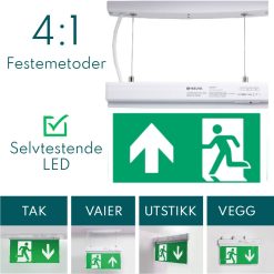 led lysende nød og rømningsskilt for tak, vegg eller utstikk pil opp