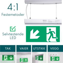 led lysende nød og rømningsskilt for tak, vegg eller utstikk pil venstre ned
