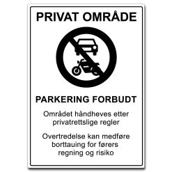 privat område skilt parkering forbudt hvit